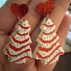 Christmas Tree Cakes Earrings with Red Glitter Hearts